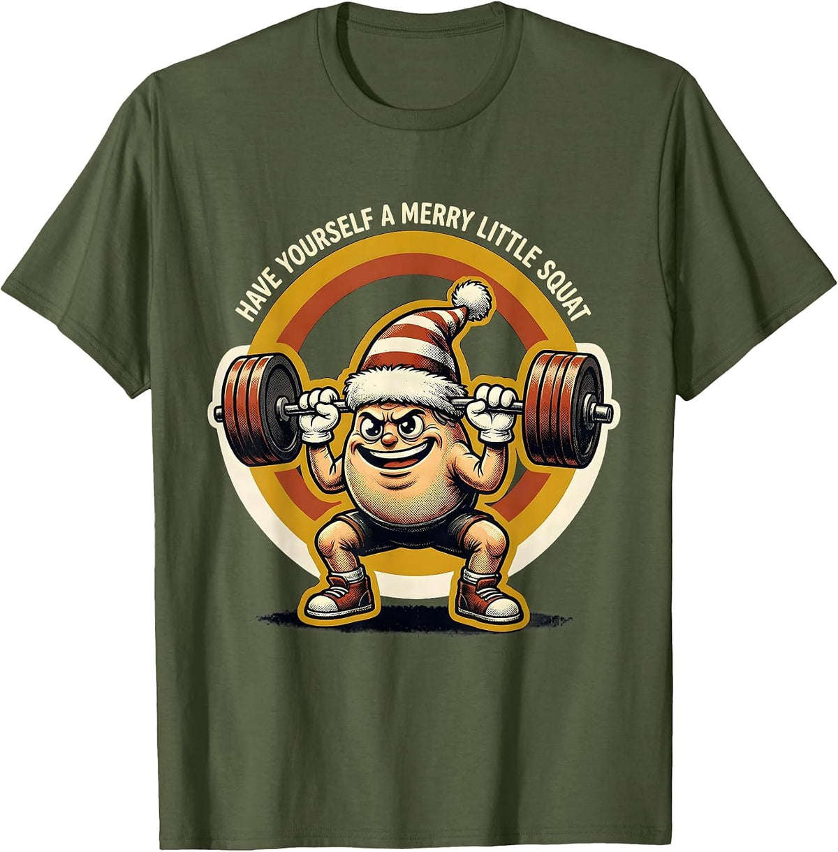 Men's Have Yourself a Merry Little Squat Retro Cartoon Christmas T-Shirt - Olive Green