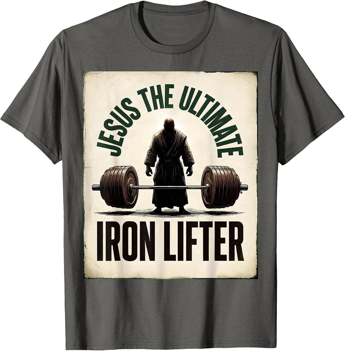 Men's Jesus The Ultimate Iron Lifter Vintage Christian Gym T-Shirt - Asphalt Grey