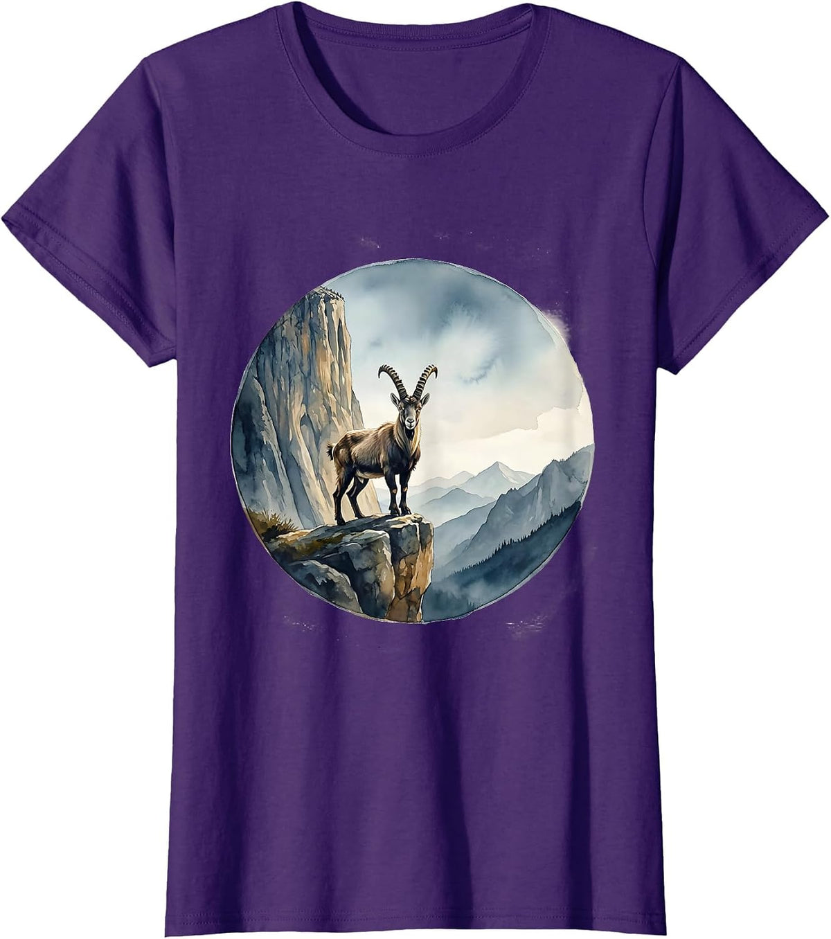 Women's Be Still Mountain Goat Cliff Ledge Illustration T-Shirt - Purple