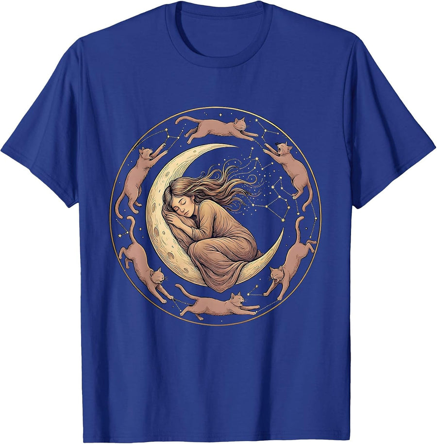Sleeping Cat Constellation Cozy Celestial Design T-Shirt - Royal Blue