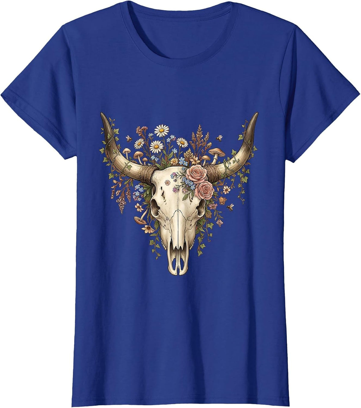 Women's Longhorn Skull Floral Crown Western Boho Design T-Shirt - Royal Blue