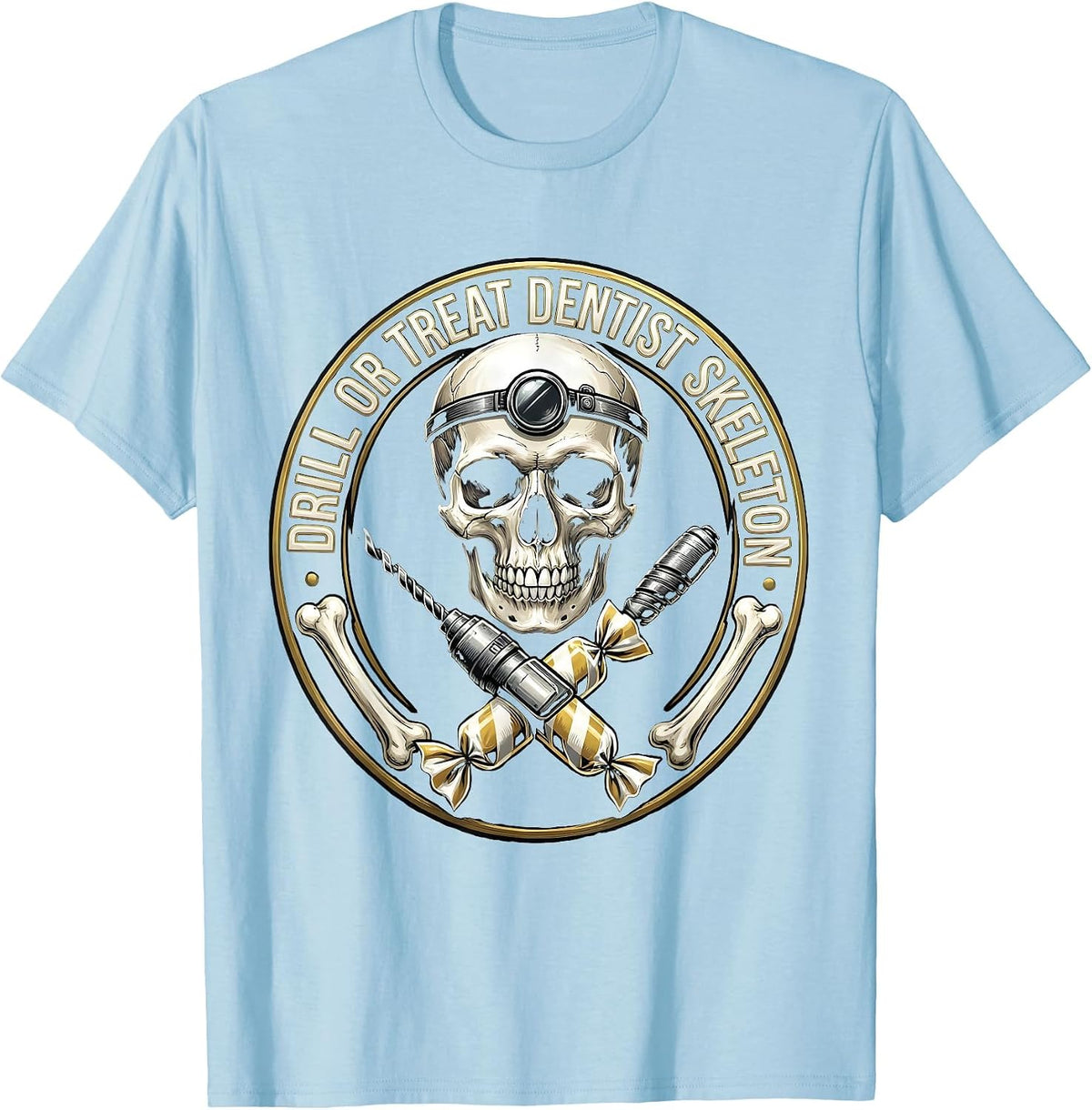 Men's Drill or Treat Halloween Dentist Skeleton Design T-Shirt - Baby Blue