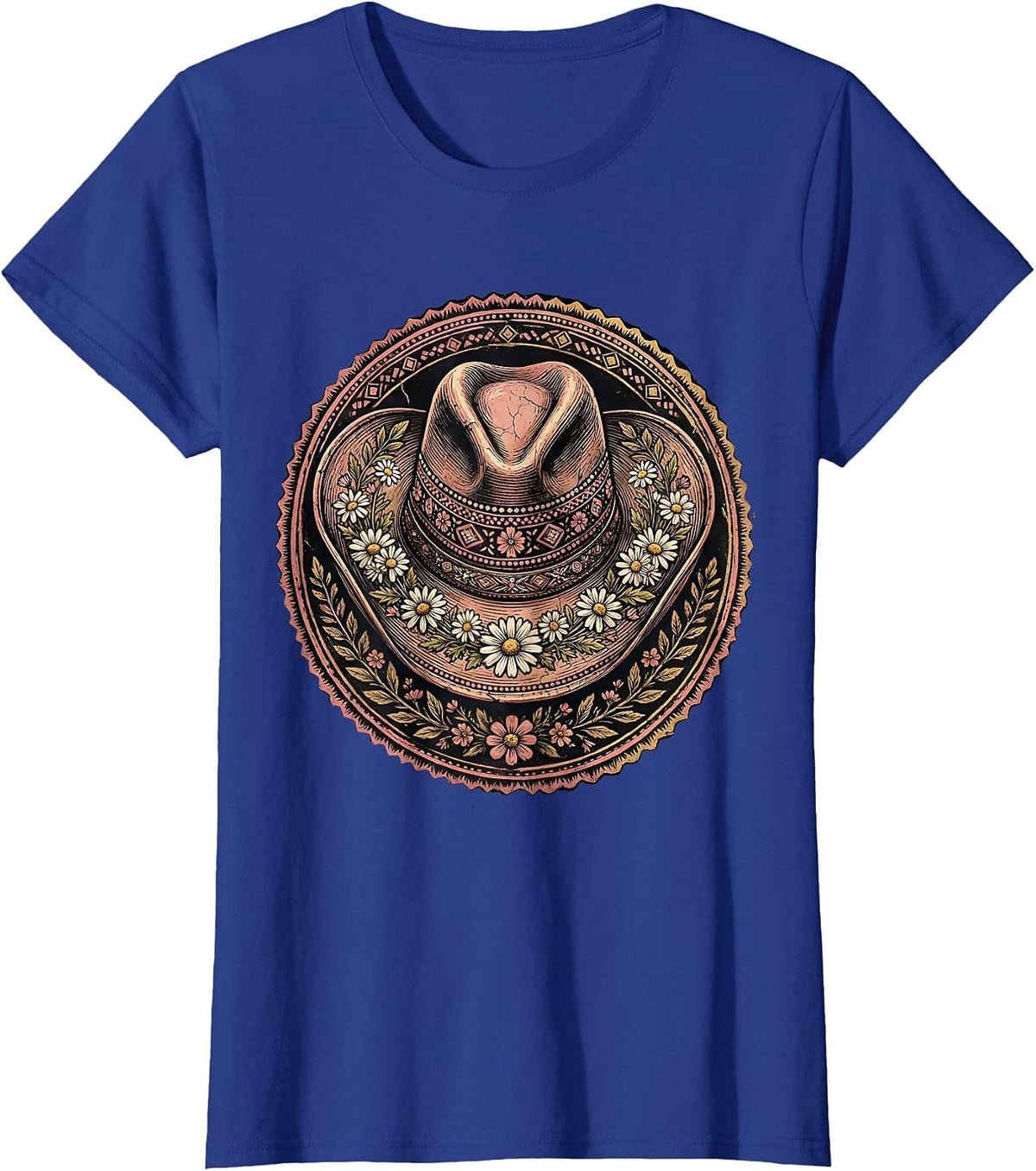 Women's Cowgirl Hat Wildflowers Western Boho Illustration T-Shirt - Royal Blue