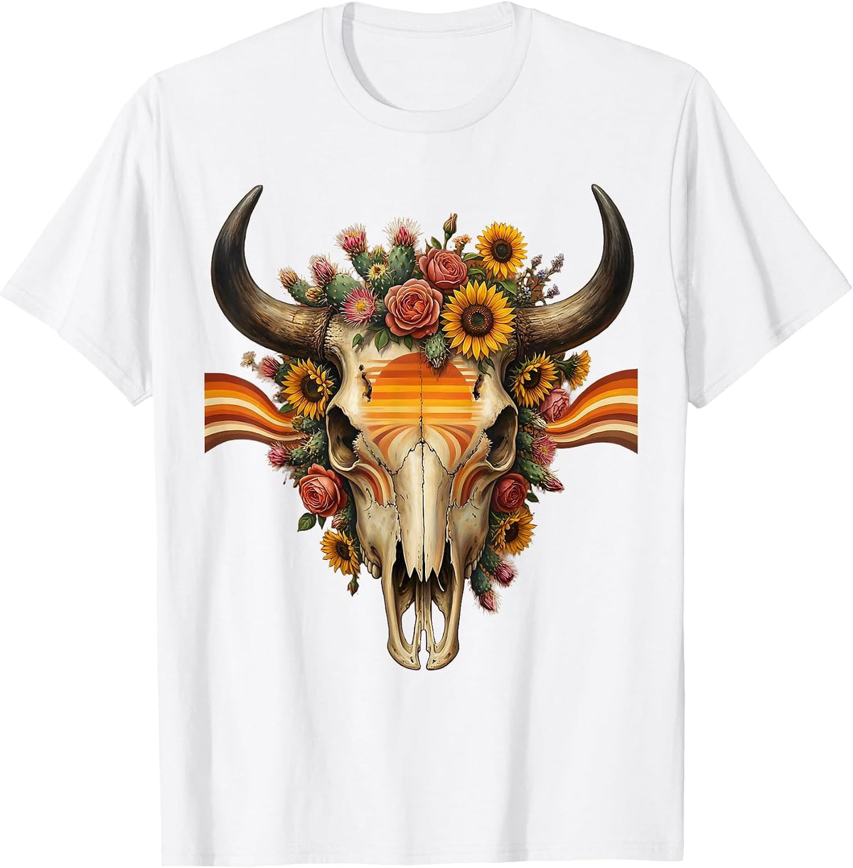 Men's Bull Skull Desert Flowers Boho Western Illustration T-Shirt - White