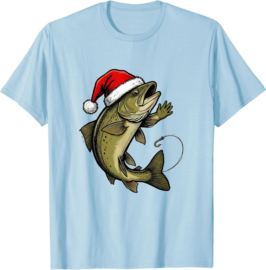 Men's Leaping Trout Santa Hat Christmas Fishing Gift T-Shirt - Baby Blue