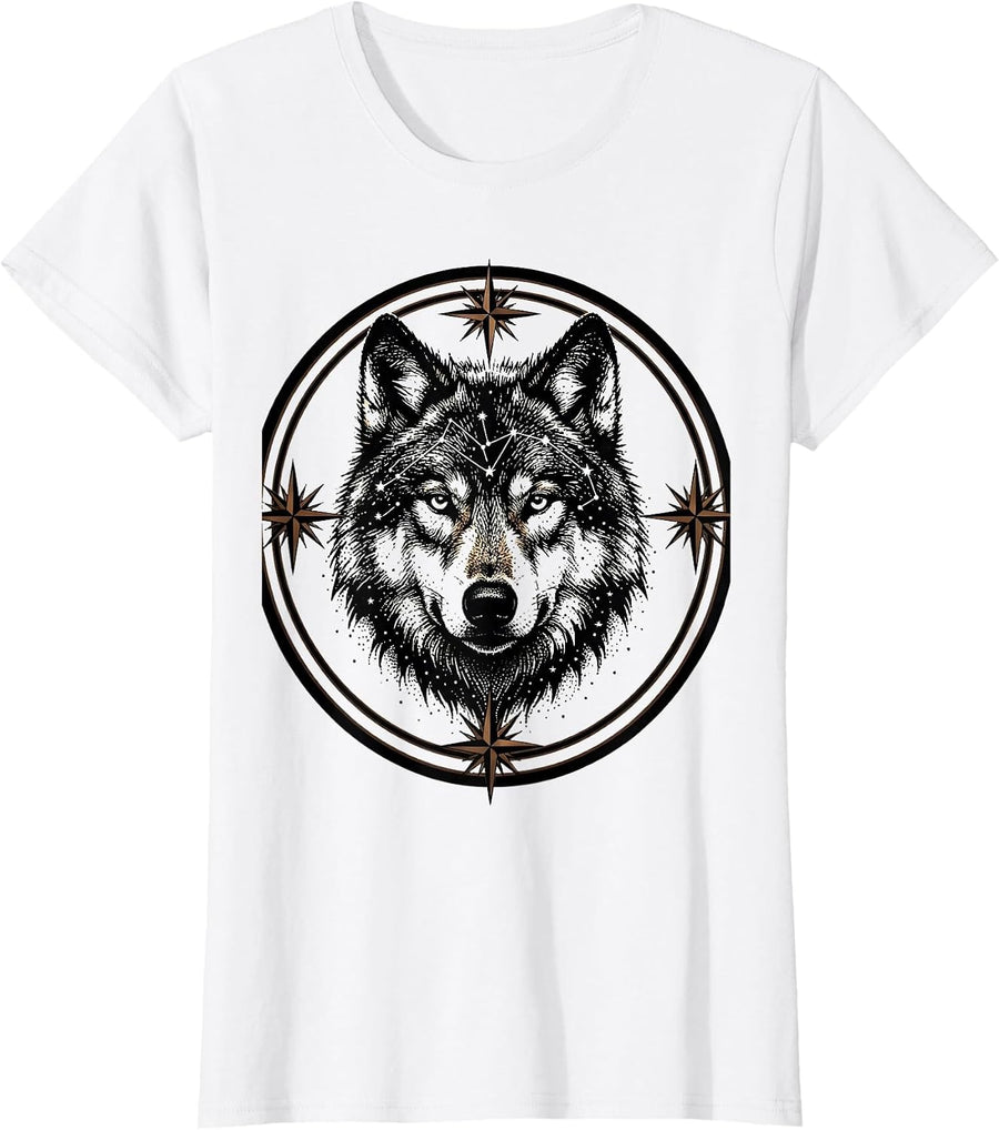 Women's Wolf Constellation Star Map Silhouette Design T-Shirt - White