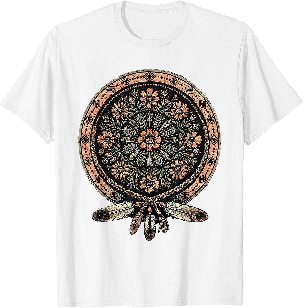 Men's Western Boho Braided Hair Feathers Turquoise Beads T-Shirt - White