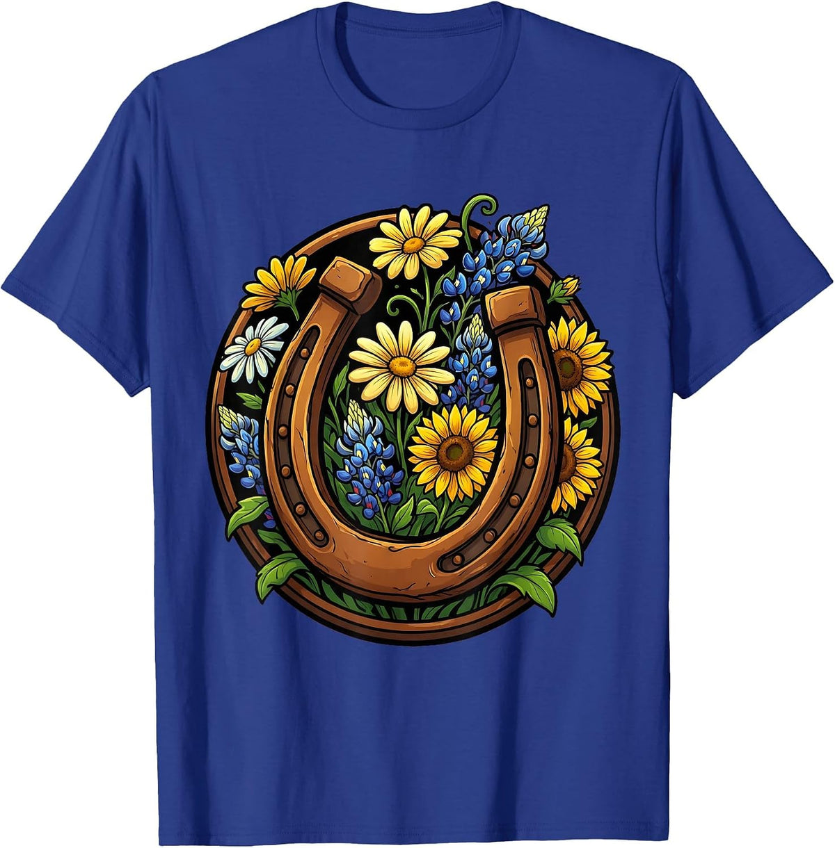 Horseshoe Wildflowers Western Floral Boho Design T-Shirt - Royal Blue