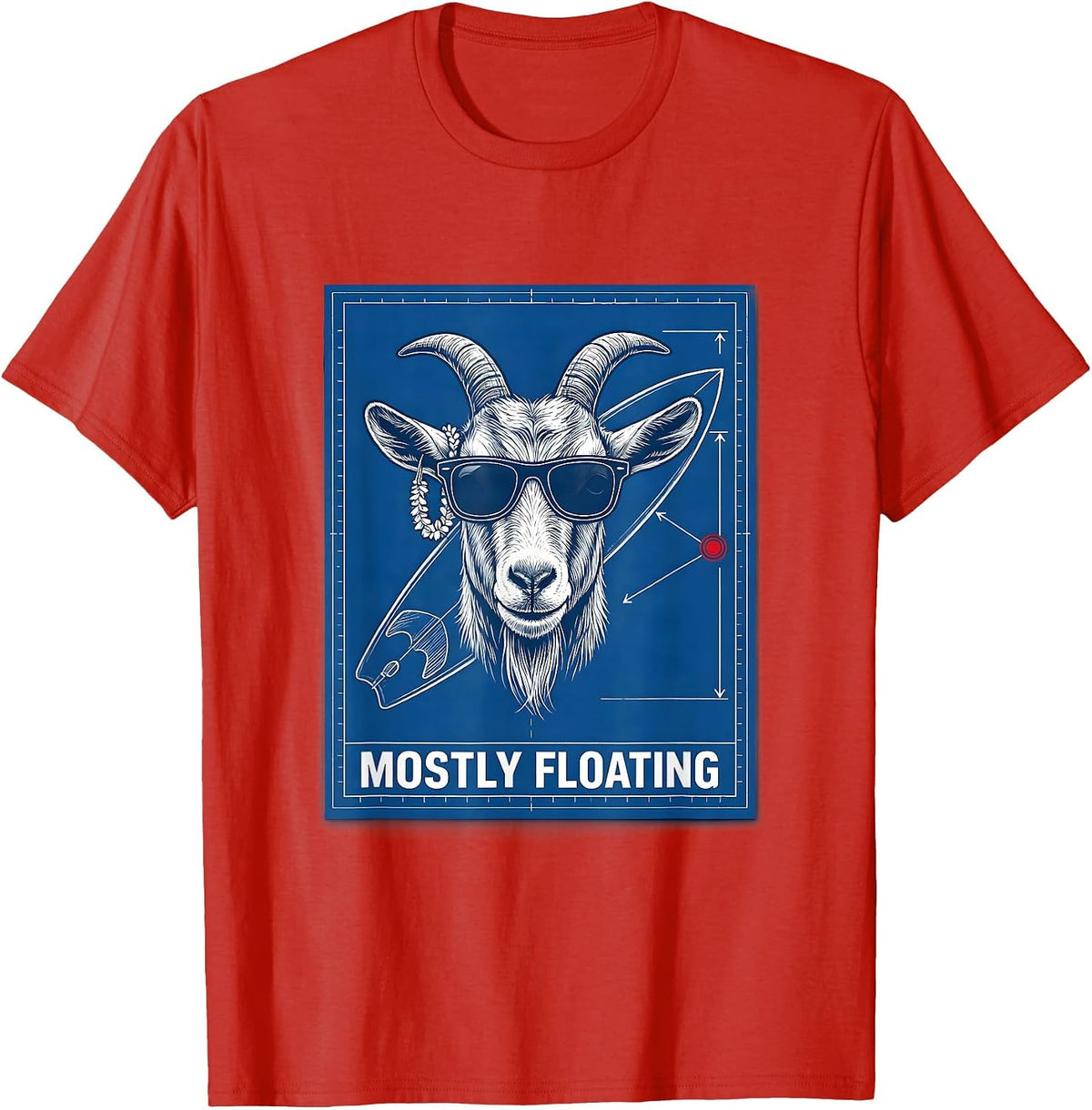 Men's Mostly Floating Technical Blueprint Goat Surfboard Humor T-Shirt - Red