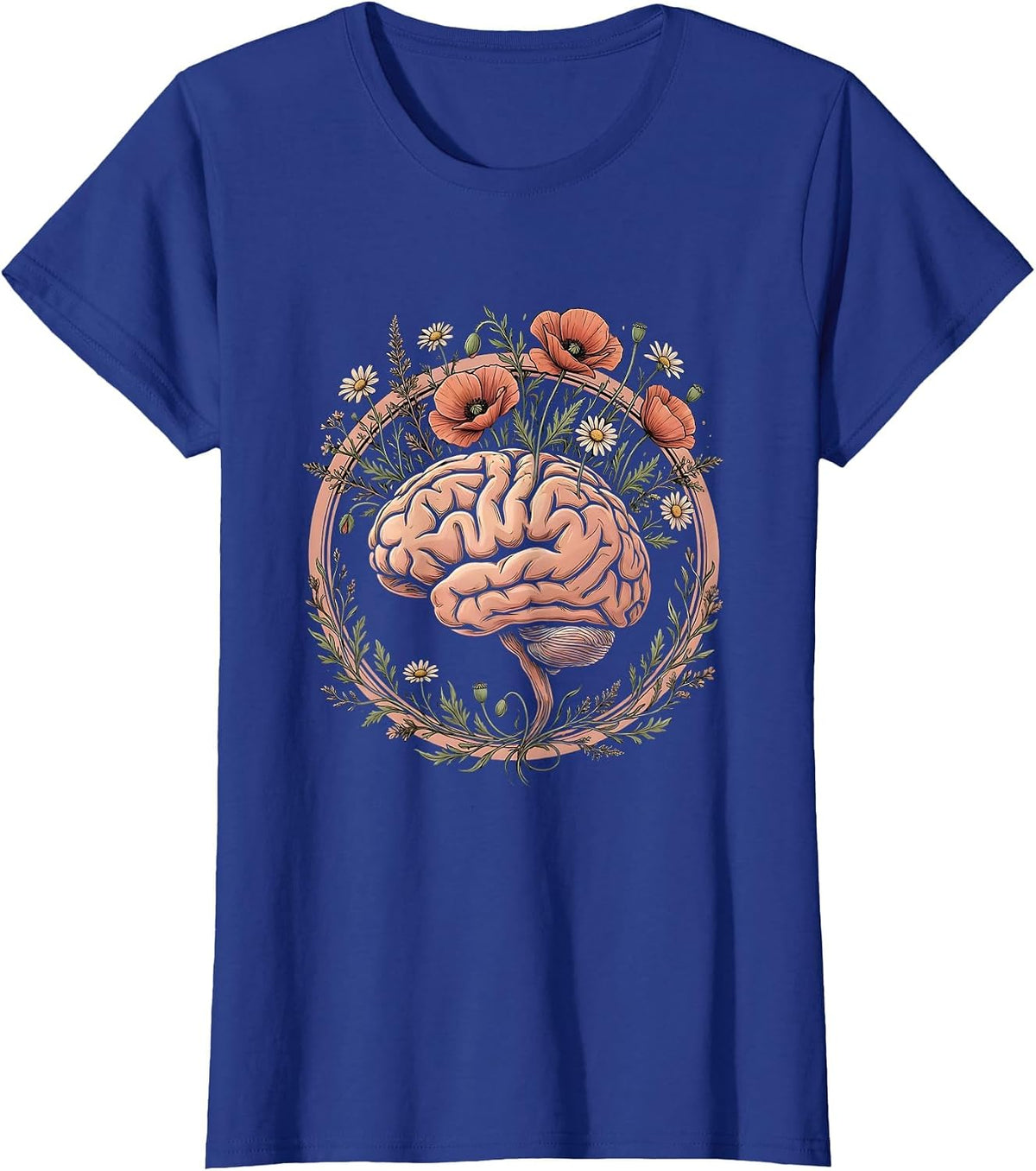 Women's Blooming Brain Mental Health Floral Graphic Tee T-Shirt - Royal Blue