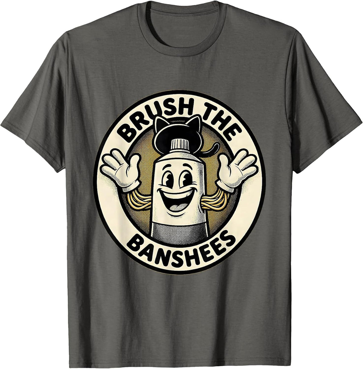 Brush the Banshees Retro Cartoon Halloween Dentist Dental T-Shirt - Asphalt Grey