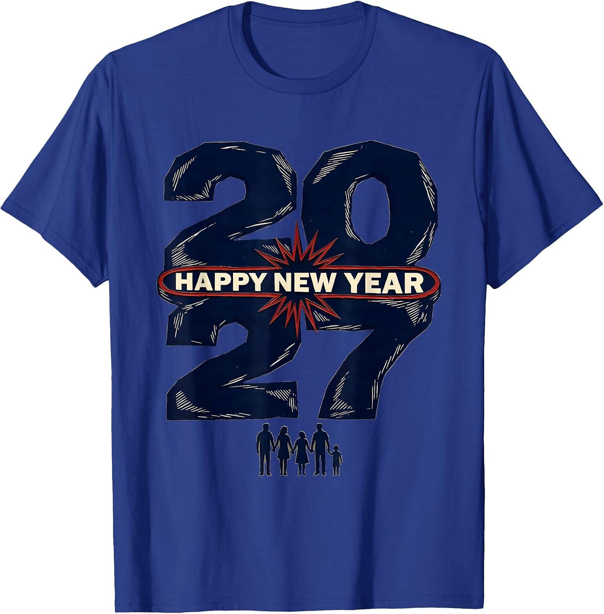 Happy New Year 2027 Linocut Family Party Celebration T-Shirt - Royal Blue