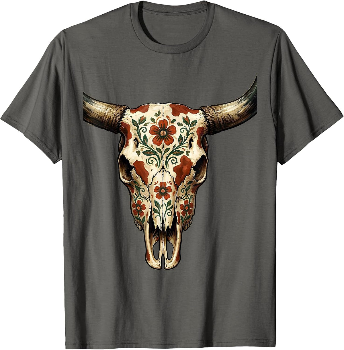 Longhorn Skull Floral Cow Print Boho Western T-Shirt - Asphalt Grey