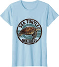 Women's Sea Turtle Watcher Wood Type Letterpress Animal Badge Patch T-Shirt - Baby Blue