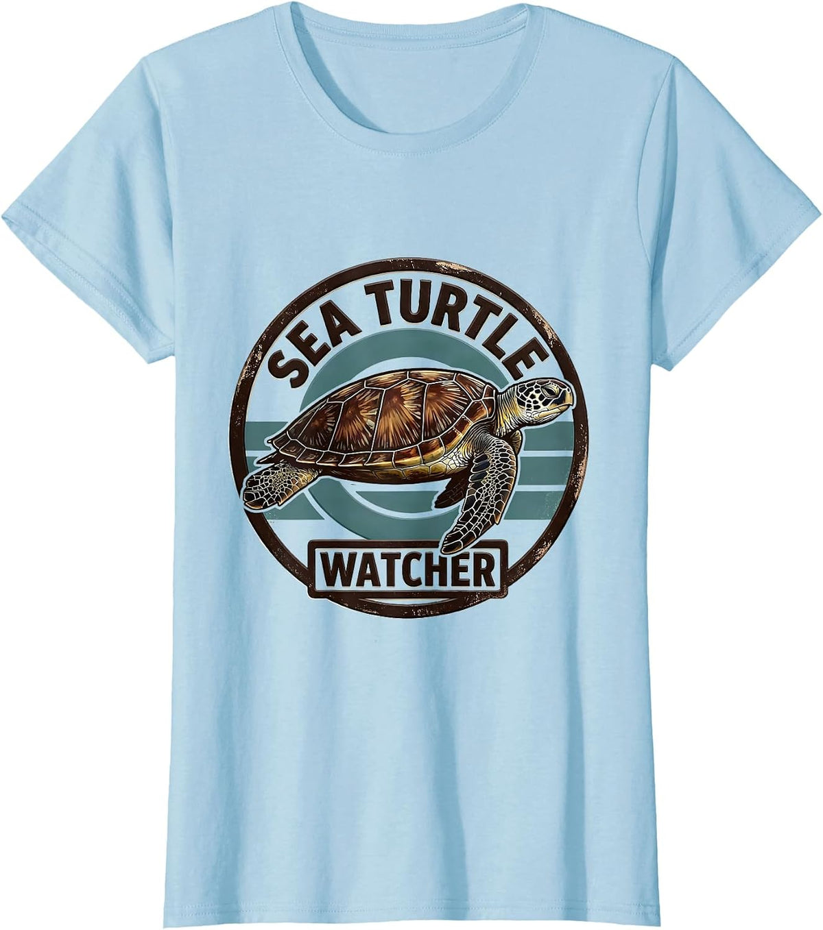 Women's Sea Turtle Watcher Wood Type Letterpress Animal Badge Patch T-Shirt - Baby Blue