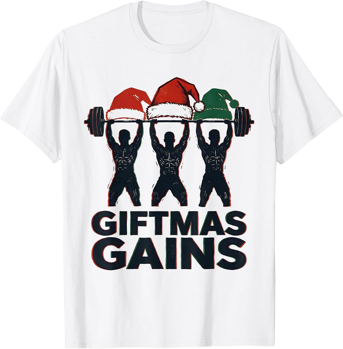 Men's Giftmas Gains Linocut Funny Christmas Gym Weightlifting T-Shirt - White