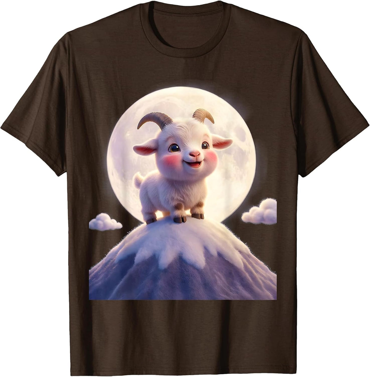 Goat Silhouette Full Moon Mountain Peaks T-Shirt - Brown