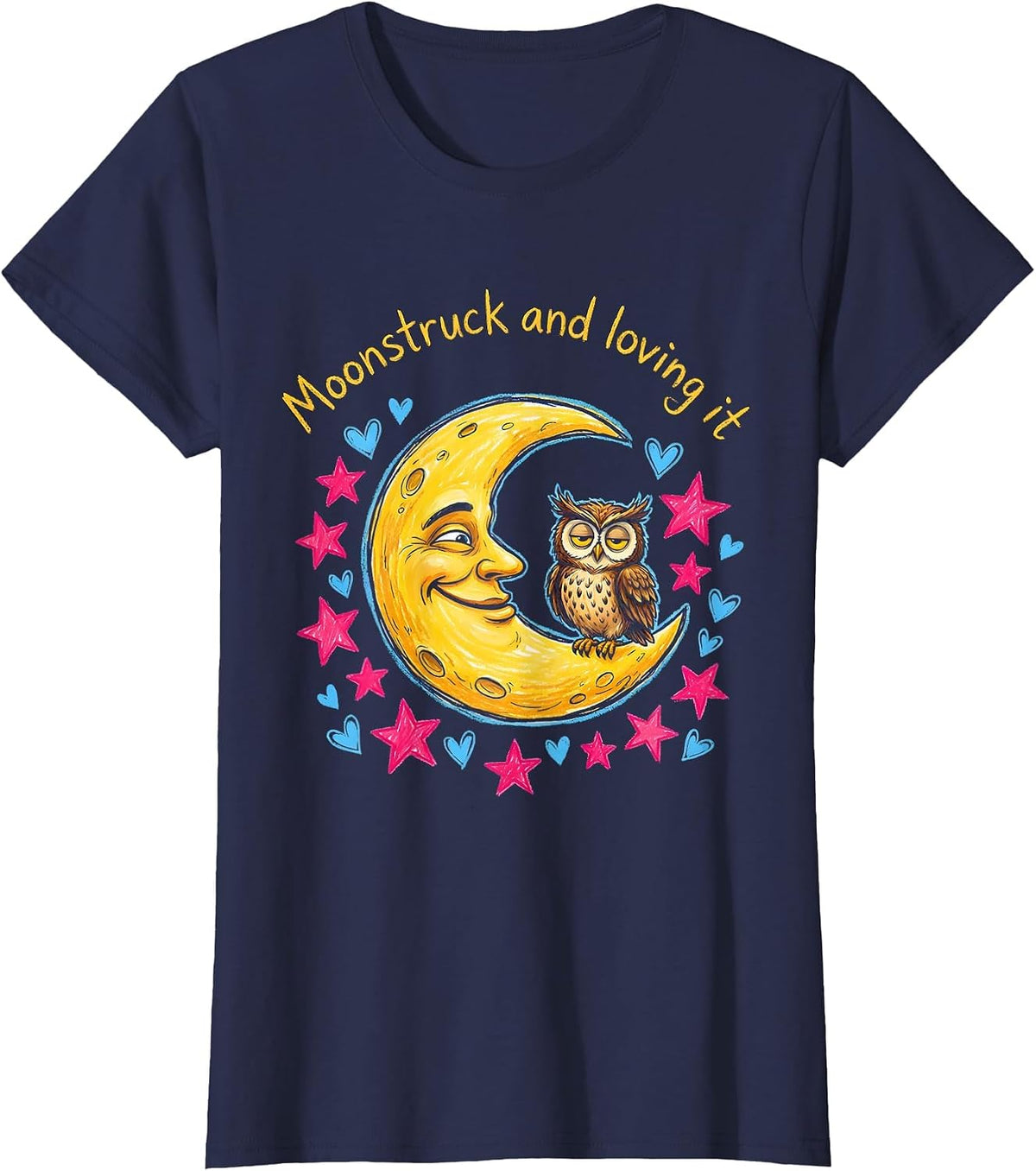 Women's Moonstruck and Loving It Celestial Moon Design T-Shirt - Navy Blue