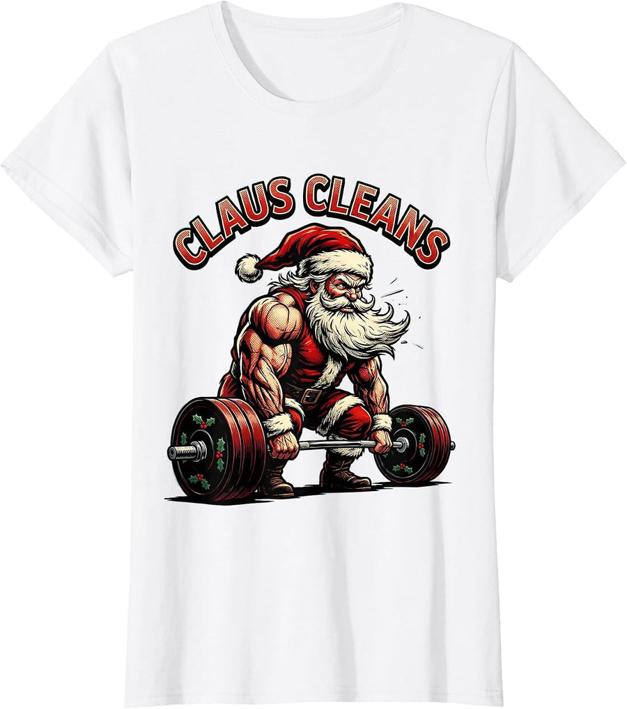 Women's Claus Cleans Pop Art Funny Santa Bodybuilder Gym Workout T-Shirt - White