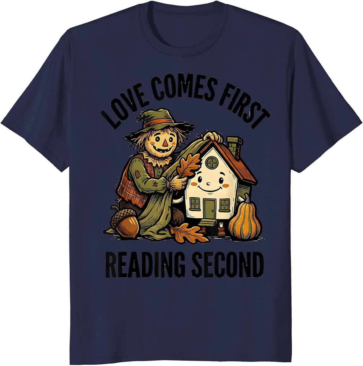 Love Comes First, Reading Second Autumn Teacher Classroom T-Shirt - Navy Blue
