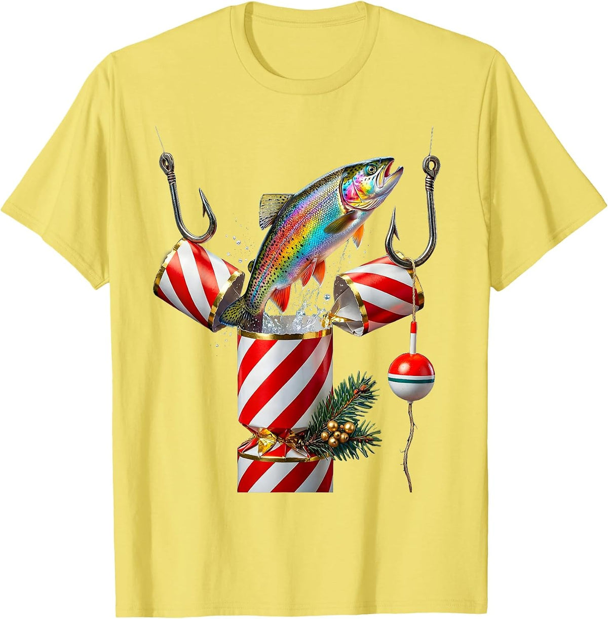Men's Rainbow Trout Cracker Christmas Fishing Humor Gift T-Shirt - Lemon Yellow