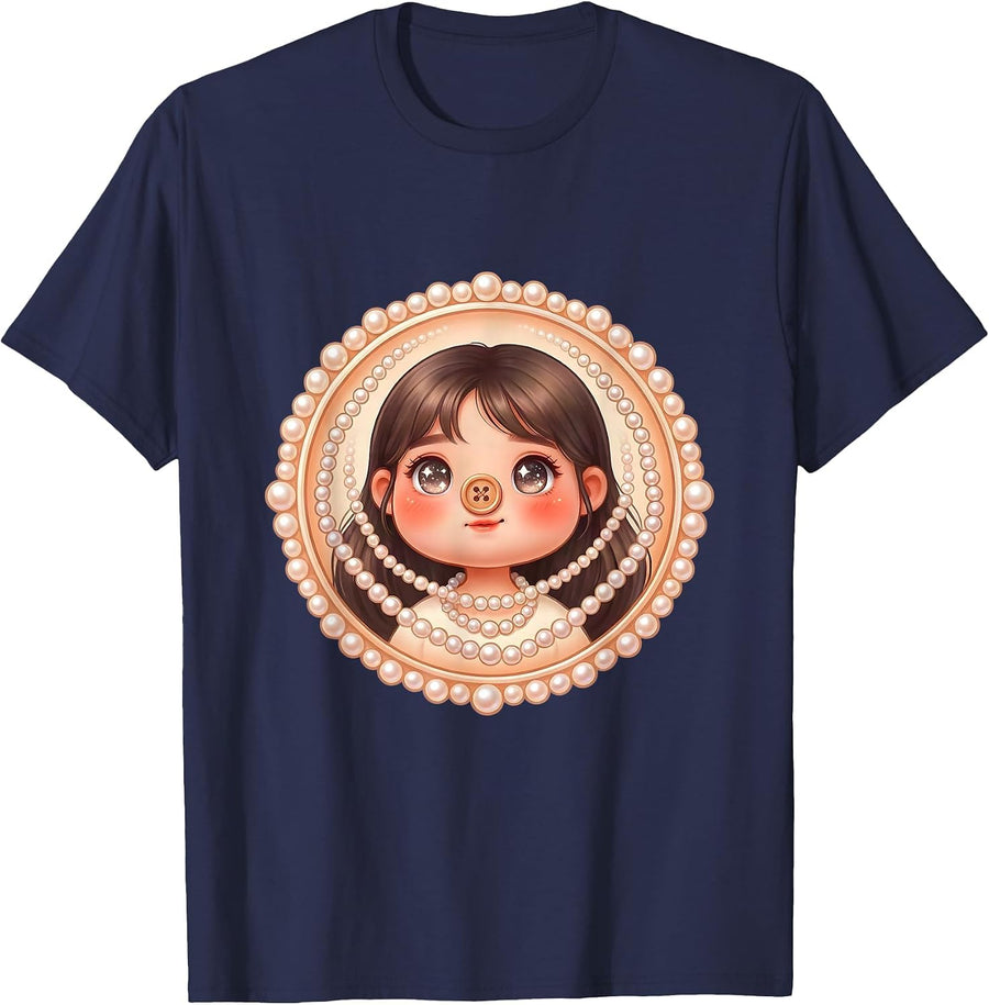 Mimi Pearl Necklace Lover Elegant Graphic Tee T-Shirt - Navy Blue