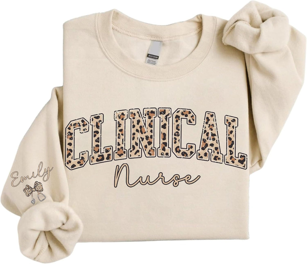 Personalized Nurse Sweatshirt, Custom Leopard Print Comfort Colors Crewneck, Retro Varsity Medical Staff Top - Clinical Nurse