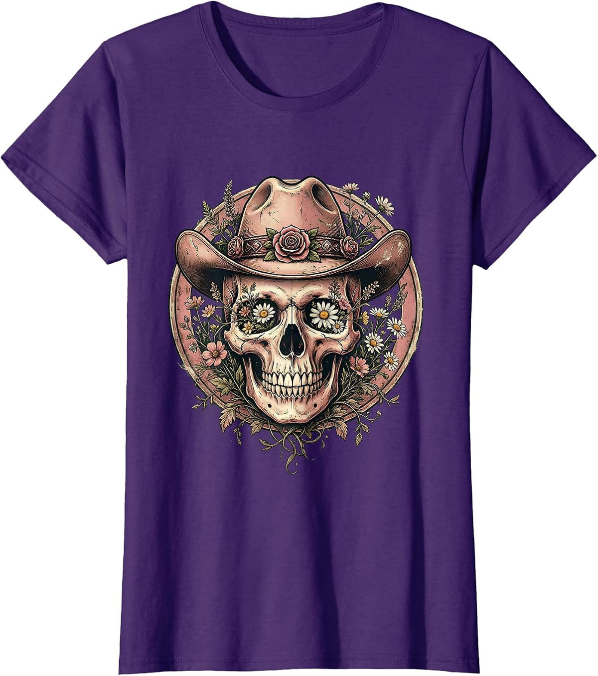 Women's Floral Skull Cowgirl Hat Western Graphic Design T-Shirt - Purple