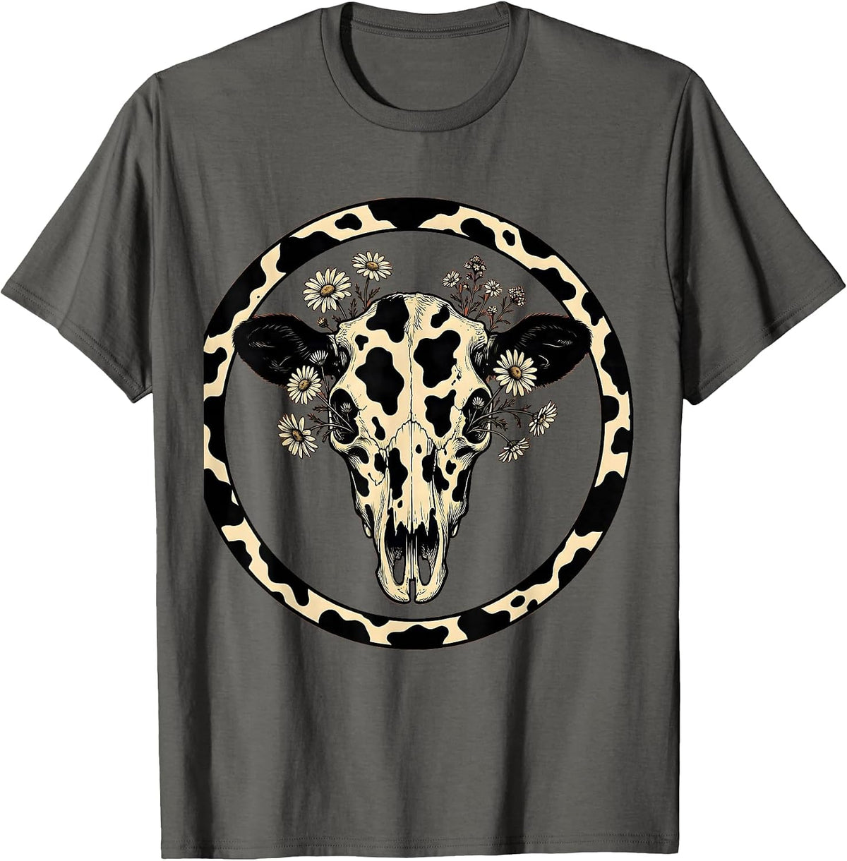 Men's Cow Skull Wildflowers Boho Western Floral Illustration T-Shirt - Asphalt Grey