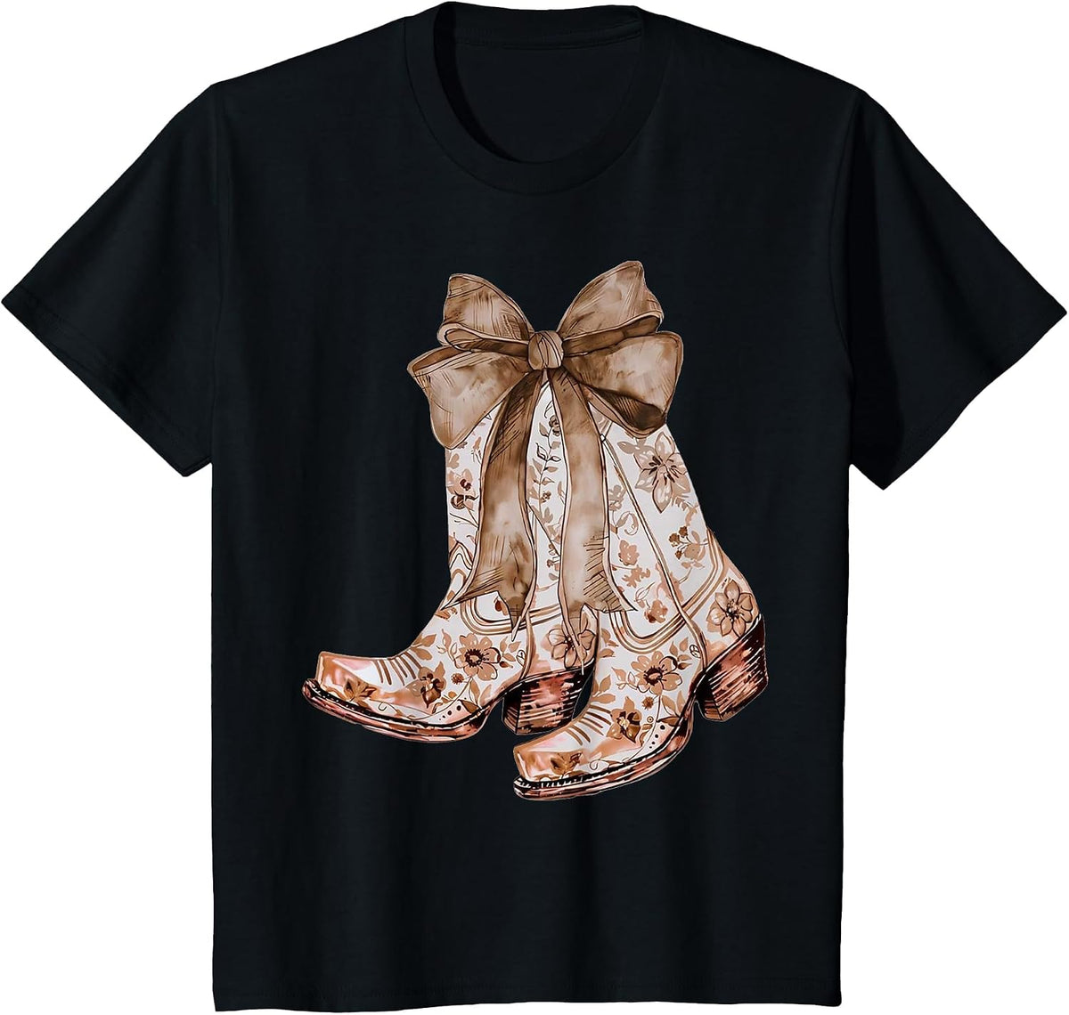 Howdy Brown Leather Bow Cowhide Coquette T-Shirt - Black