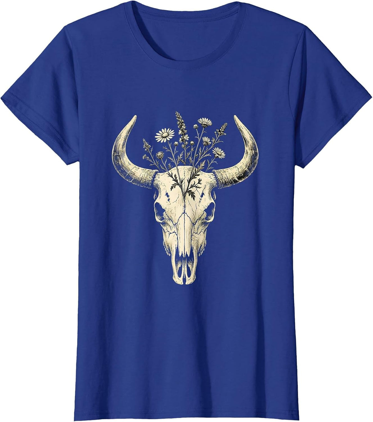 Women's Cow Skull Wildflowers Western Floral Gothic Art T-Shirt - Royal Blue