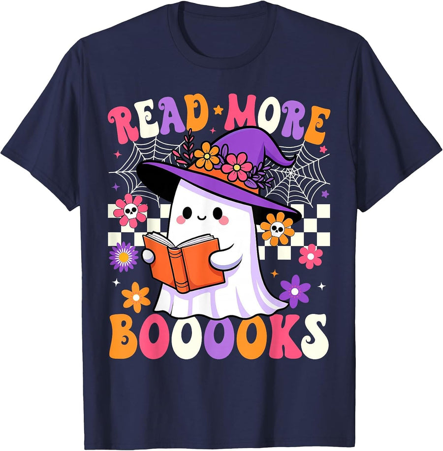 Read More Books Ghost Reading Book Funny Teacher Halloween T-Shirt - Navy Blue
