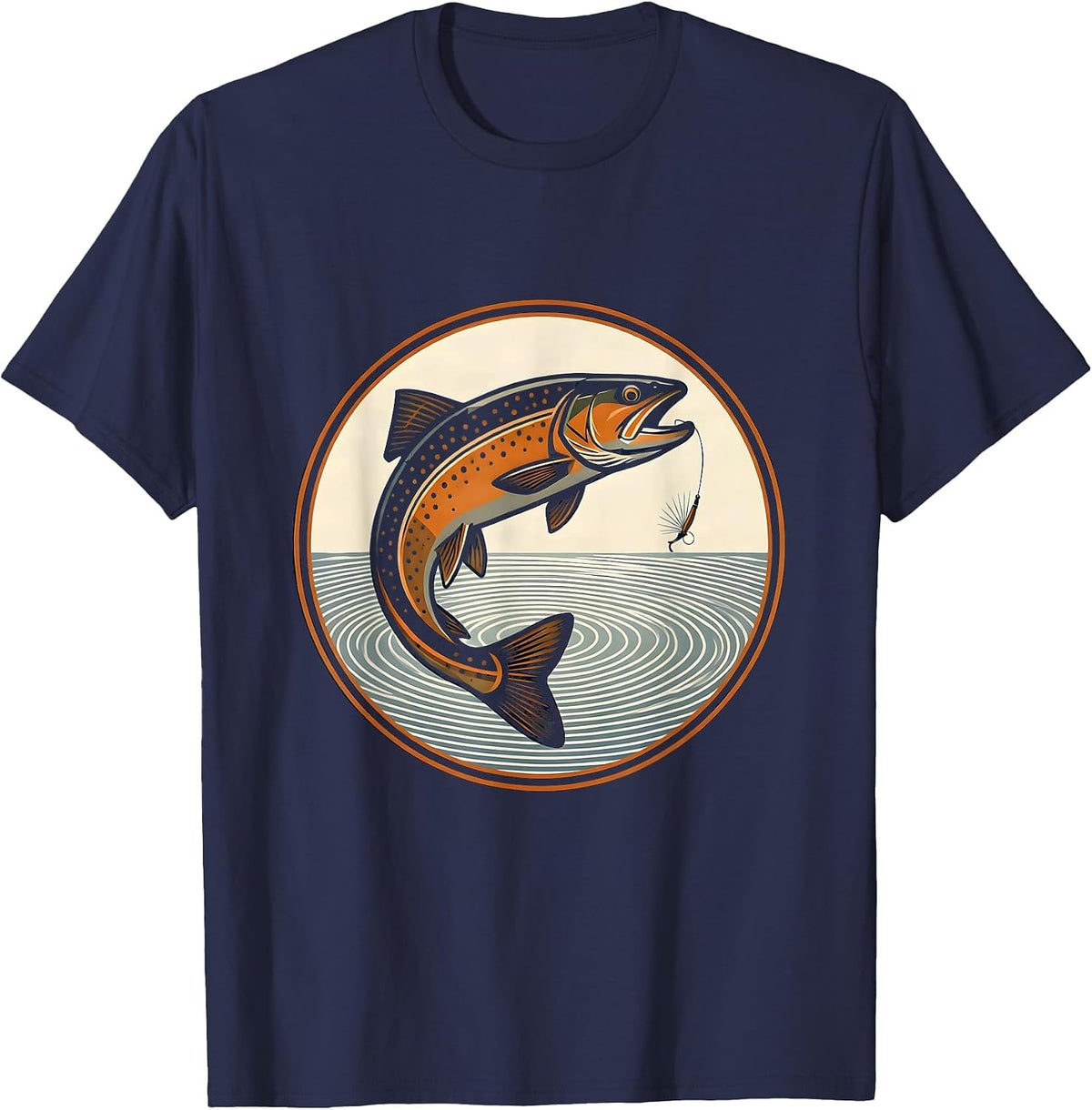 Men's Trout Rising to Dry Fly Fishing Graphic T-Shirt - Navy Blue