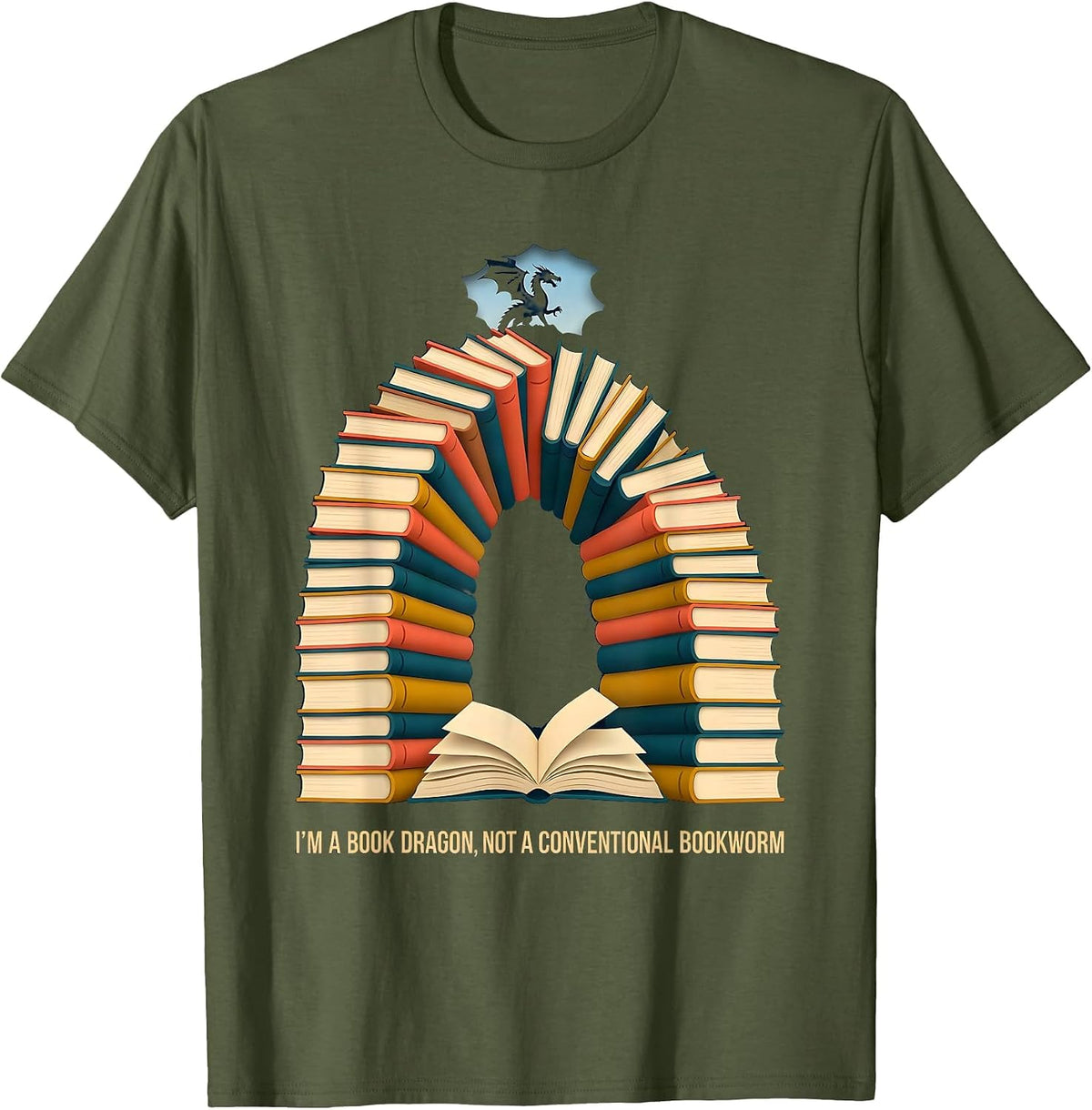 Men's I'm A Book Dragon, Not A Conventional Bookworm Funny T-Shirt - Olive Green