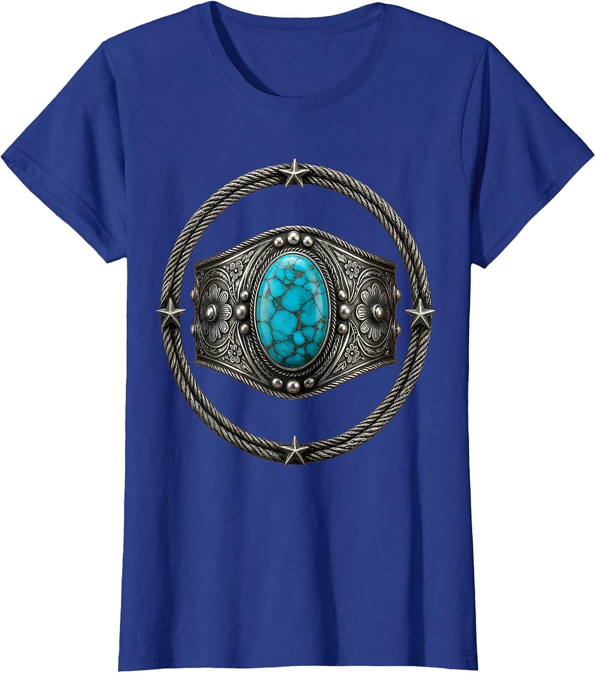 Women's Turquoise Silver Cuff Western Gemstone Design T-Shirt - Royal Blue