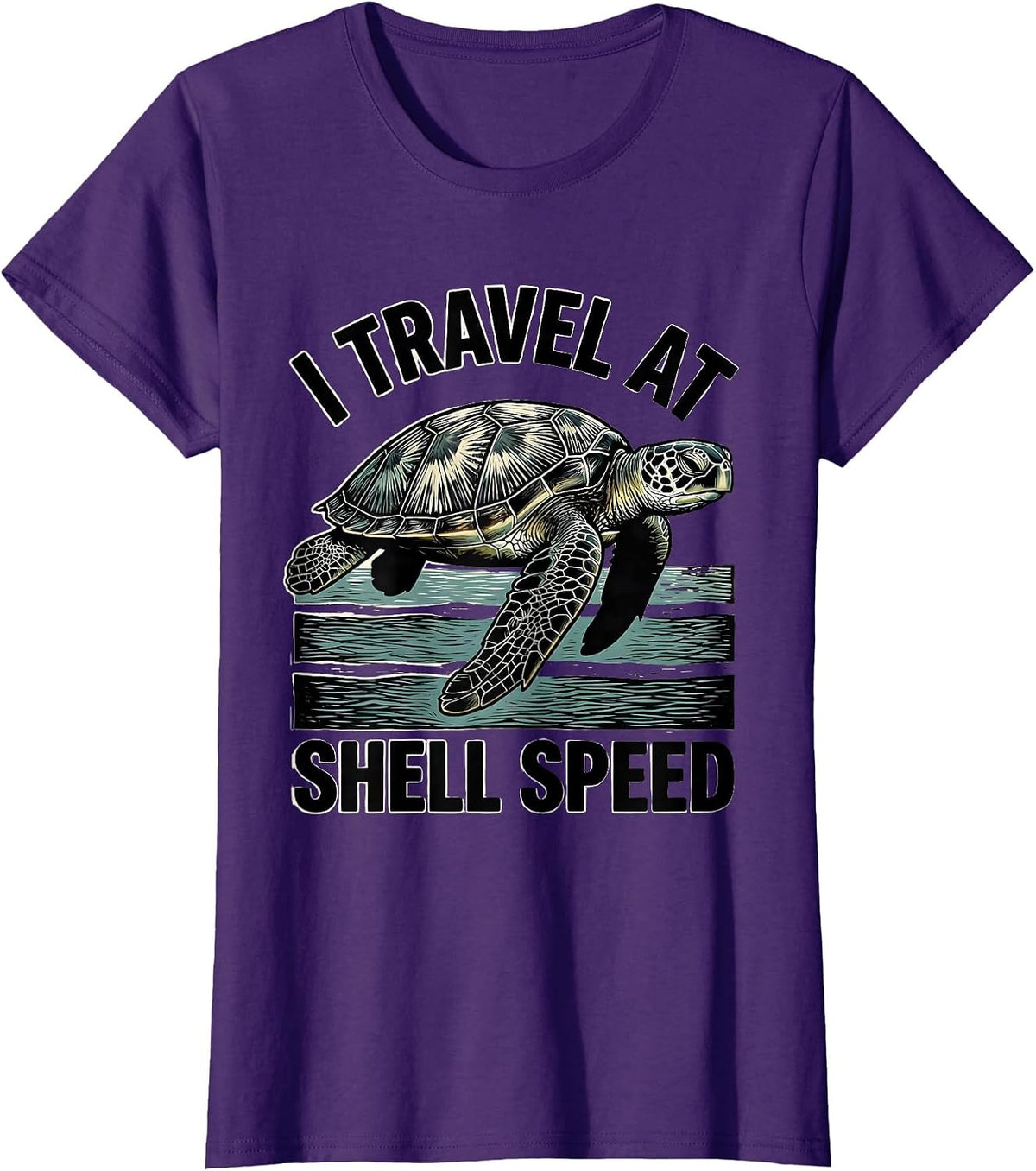 Women's I Travel At Shell Speed Woodcut Engraving Sea Turtle Lover T-Shirt - Purple