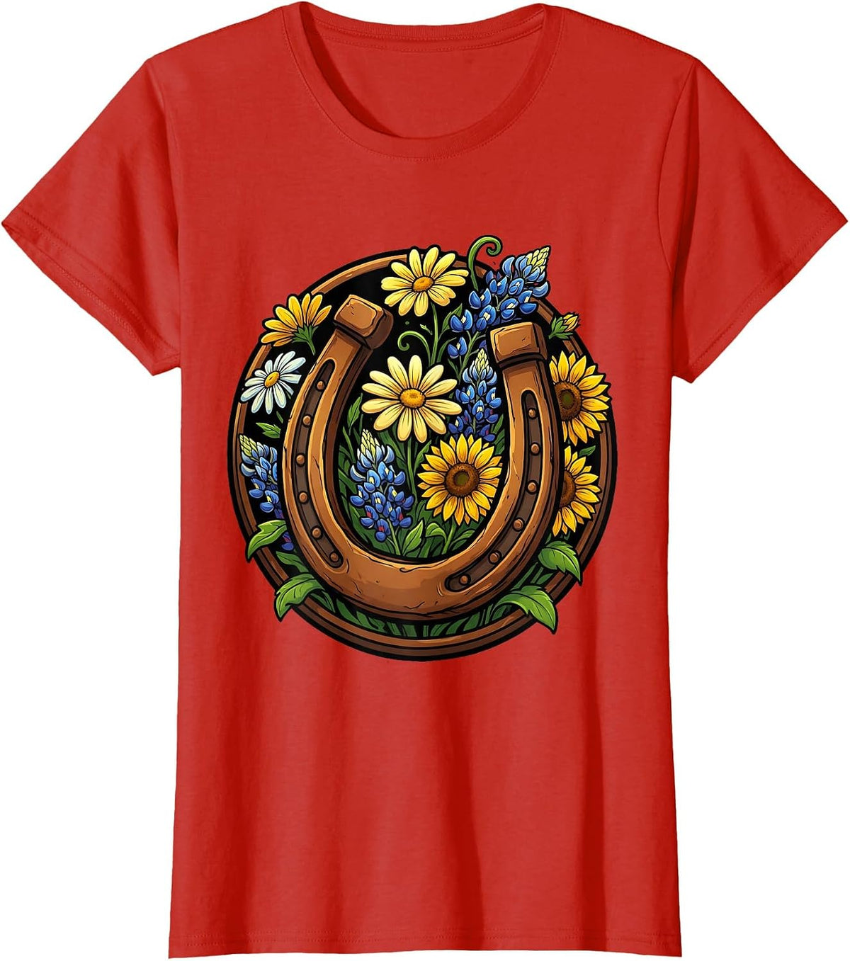 Horseshoe Wildflowers Western Floral Boho Design T-Shirt - Red