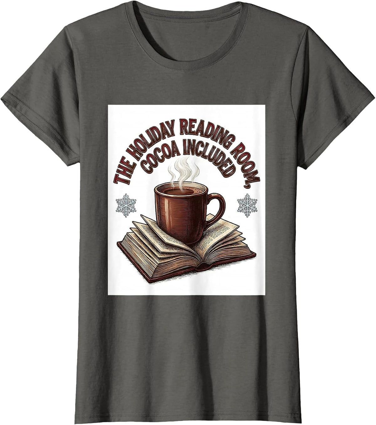 Women's The Holiday Reading Room, Cocoa Included Bookworm T-Shirt - Asphalt Grey