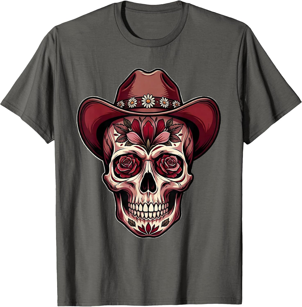Men's Floral Skull Cowboy Hat Western Graphic Design T-Shirt - Asphalt Grey