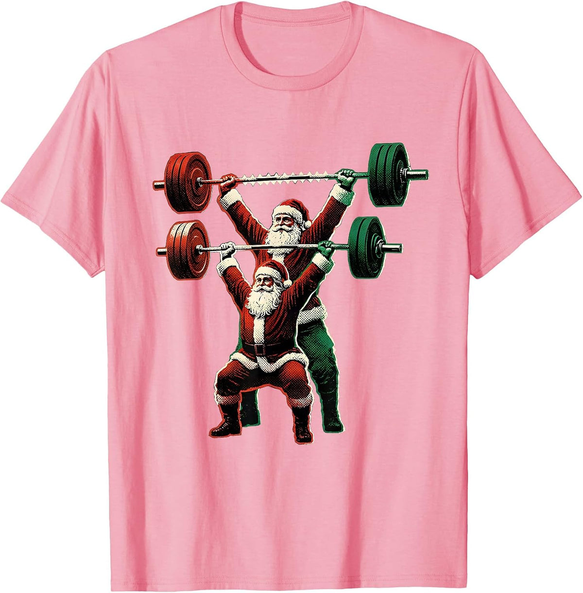 Men's Santa Barbell Snatch Gym Humor Christmas Weightlifting T-Shirt - Pink
