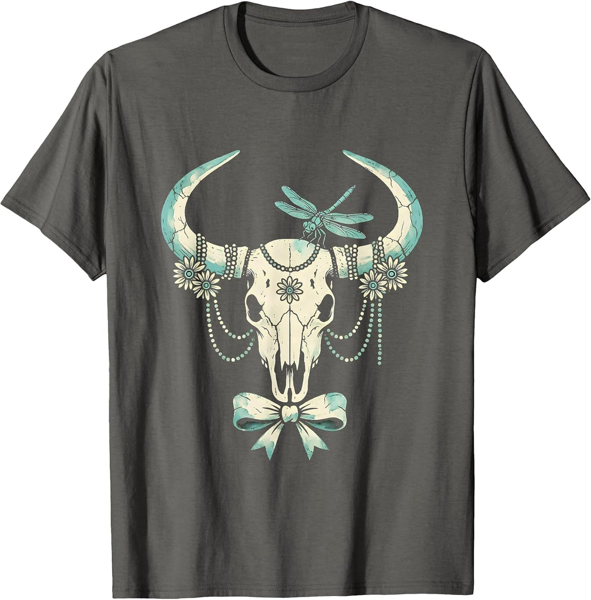 Longhorn Skull with Turquoise Beads Western Design T-Shirt - Asphalt Grey