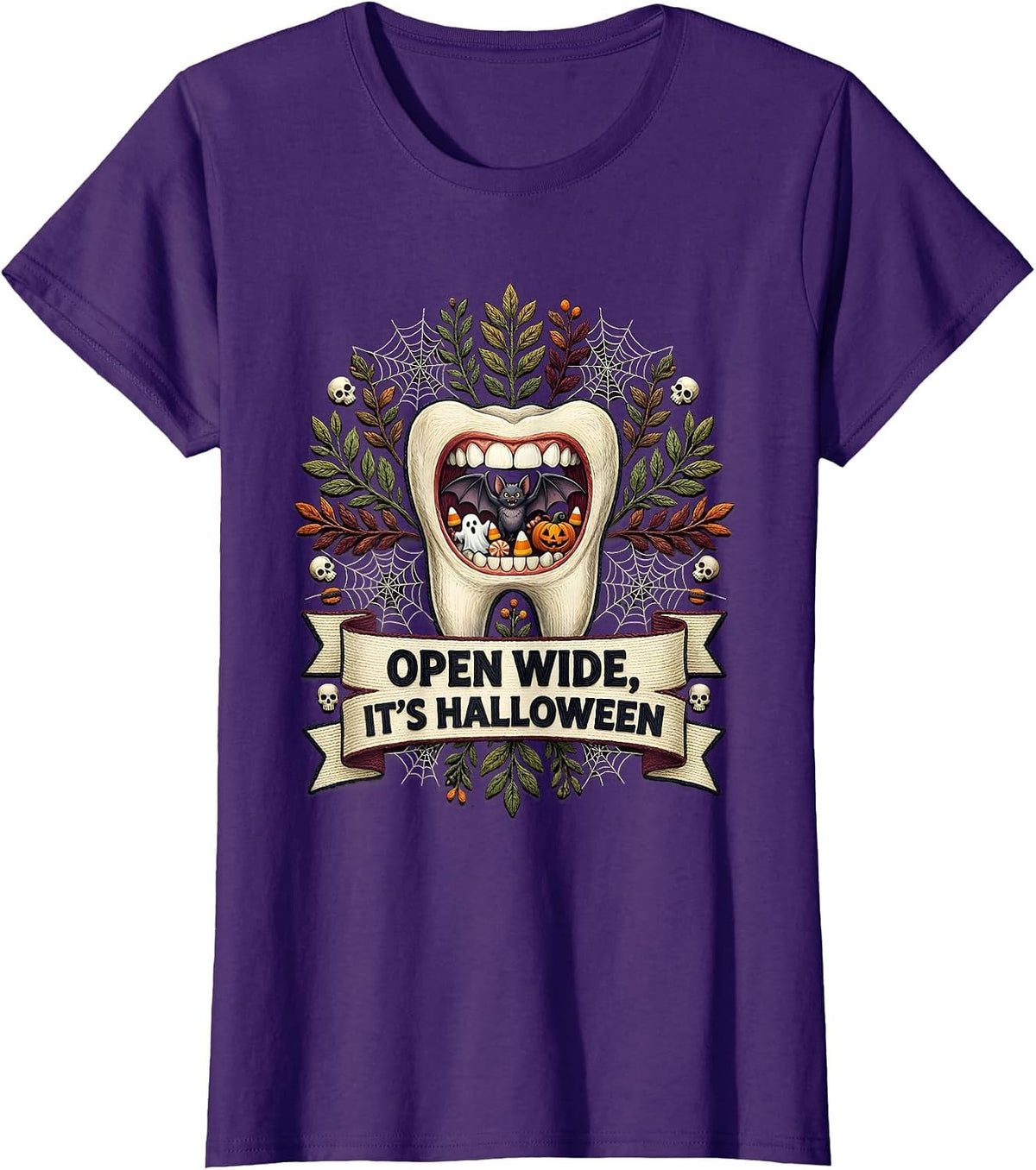 Women's Open Wide It's Halloween Dental Spooky Design T-Shirt - Purple