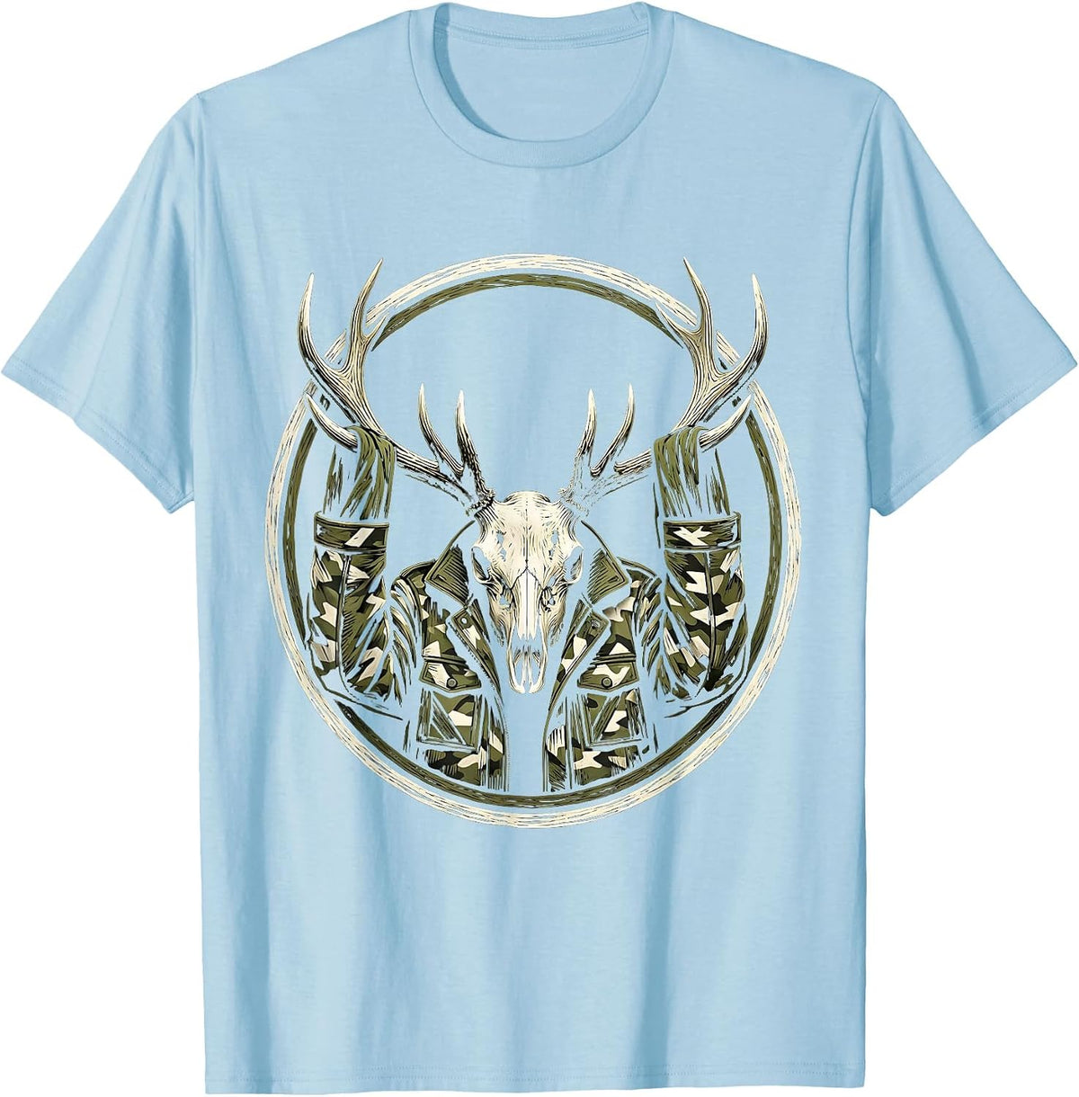 Men's Camo Jacket on Deer Antlers Hunting Graphic T-Shirt - Baby Blue