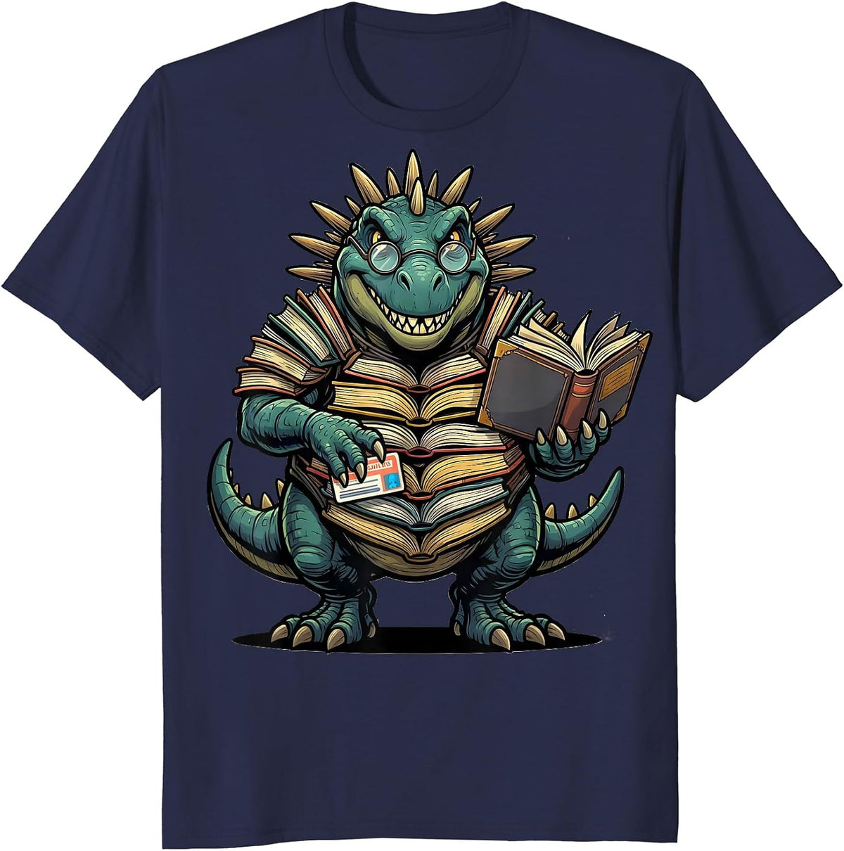 Men's Dinosaur Reading Teacher Librarian Bookworm Humor T-Shirt - Navy Blue