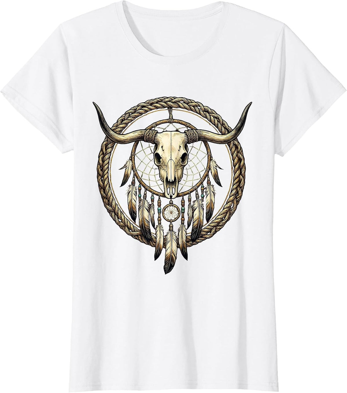 Dreamcatcher Longhorn Skull Western Boho Art T-Shirt - White