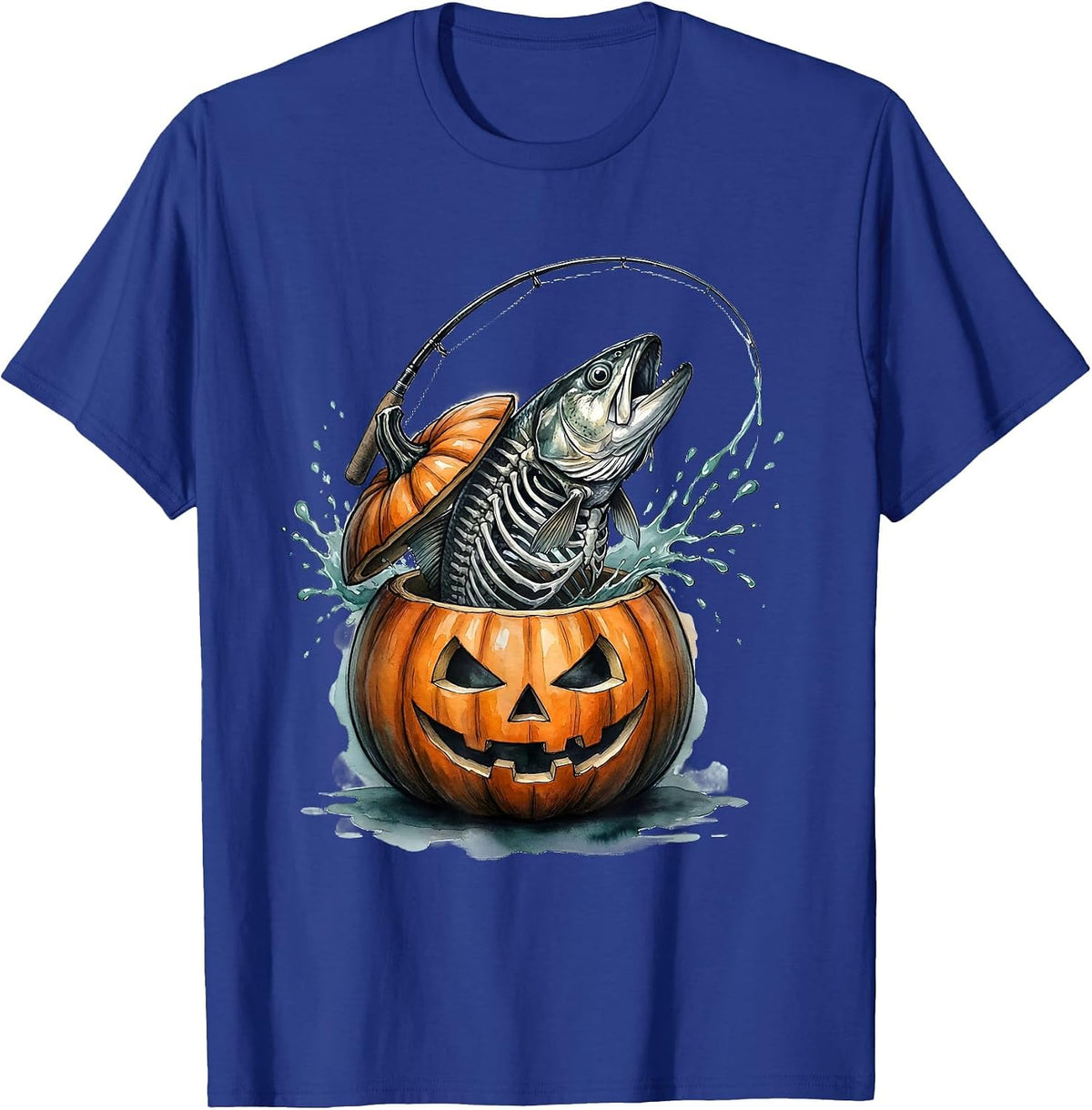 Watercolor Skeletal Trout Pumpkin Fishing Halloween T-Shirt - Royal Blue