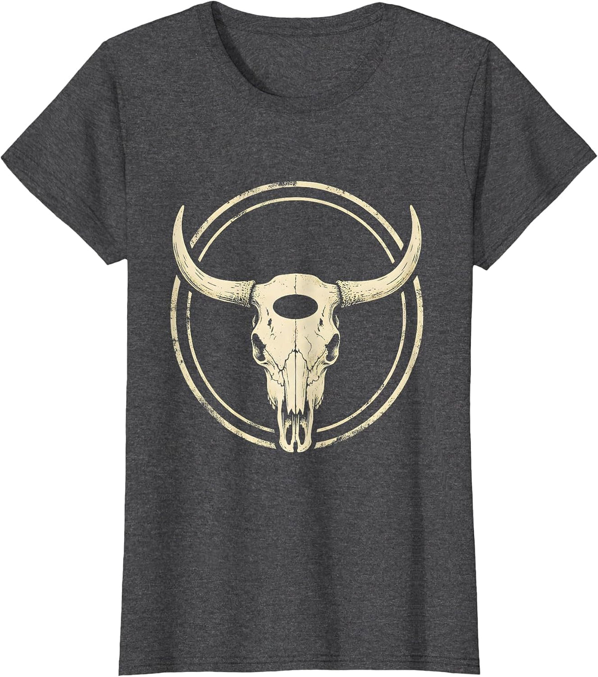 Women's Longhorn Skull Boho Western Mono Vintage Gift T-Shirt - Dark Heather Grey