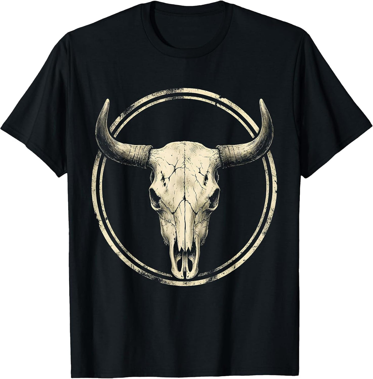 Men's Cow Skull Wildflowers Boho Western Floral Art T-Shirt - Black