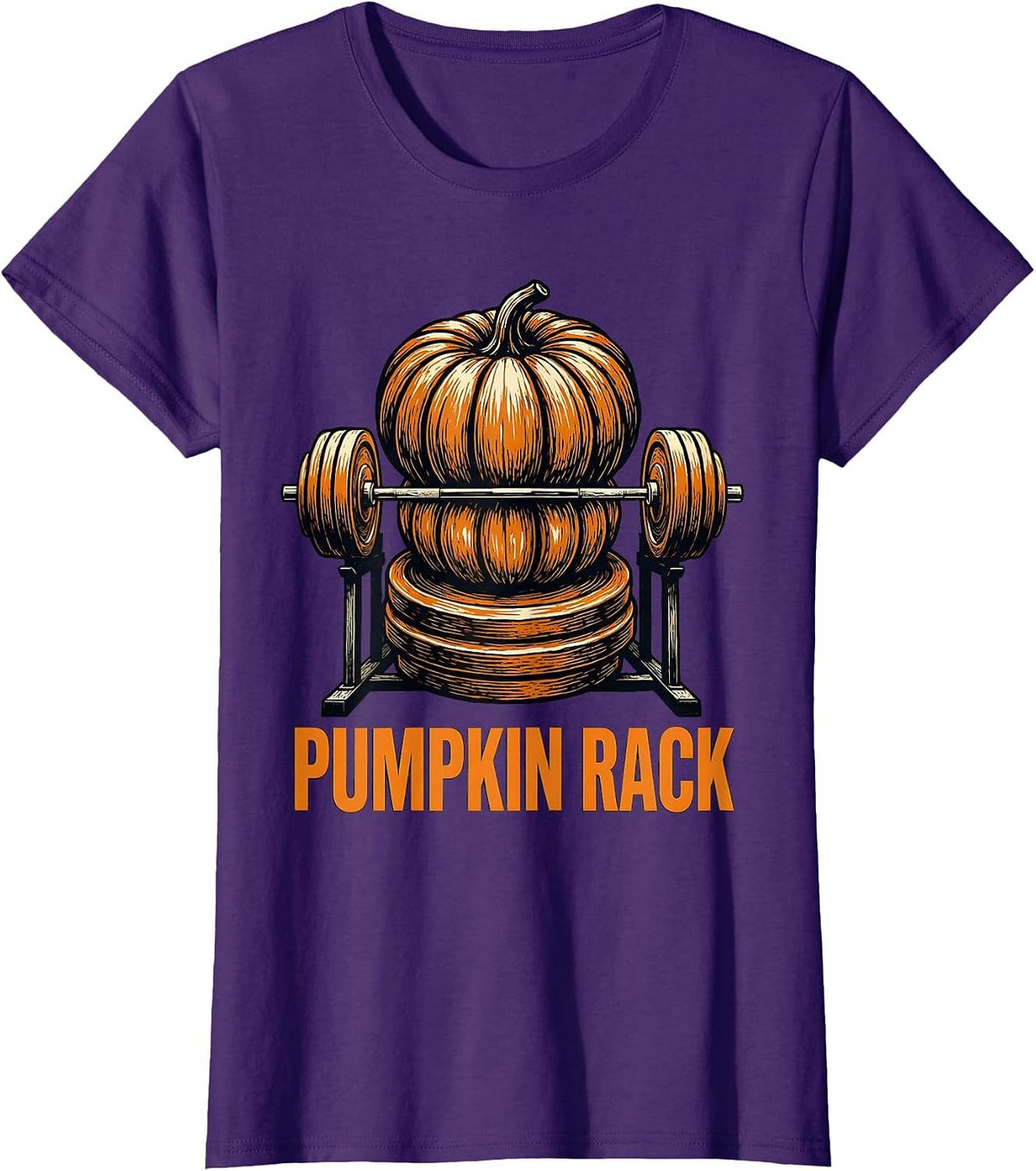 Women's Pumpkin Rack Linocut Funny Halloween Gym Workout Lifting Pun T-Shirt - Purple