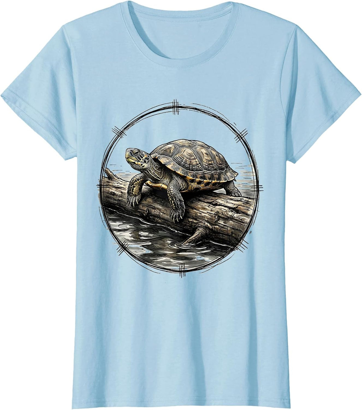 Calm Turtle Resting on a Drifting Log T-Shirt - Baby Blue